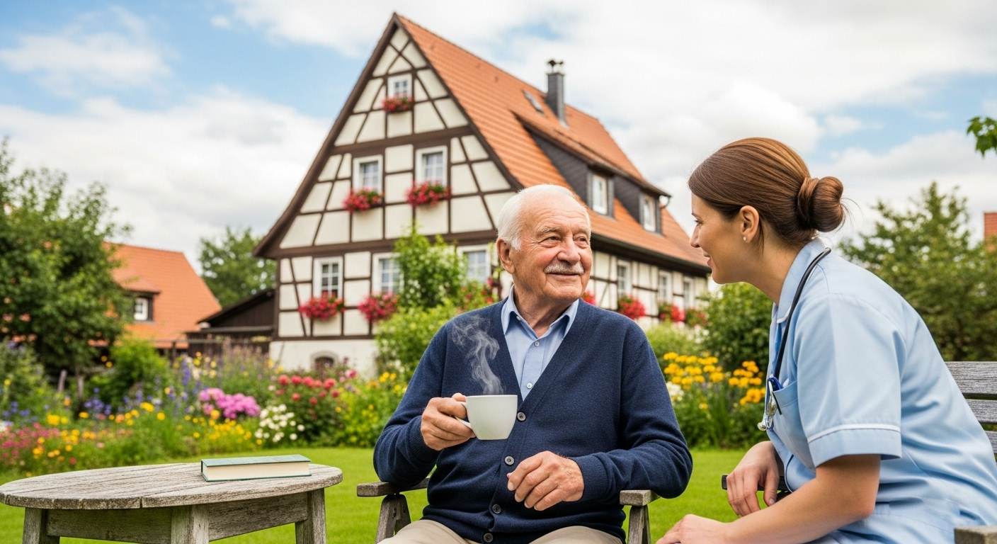 Pflegekraft kümmert sich um einen Senior, der in seinem Garten sitzt und Kaffee trinkt.